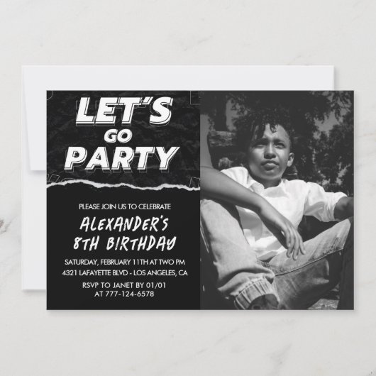 Invitations Black 8e anniversaire Boy Photo (Devant)