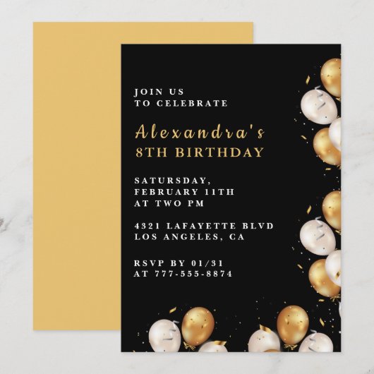 Invitations Black 8e anniversaire Gold Balloon (Devant / Derrière)