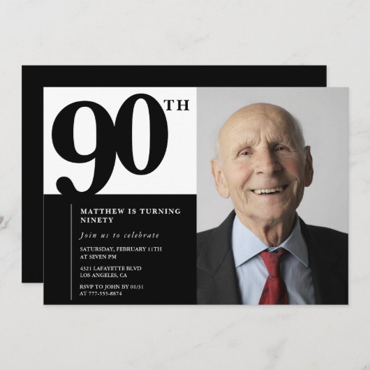 Invitations Black 90e anniversaire Elegant Chic (Devant / Derrière)