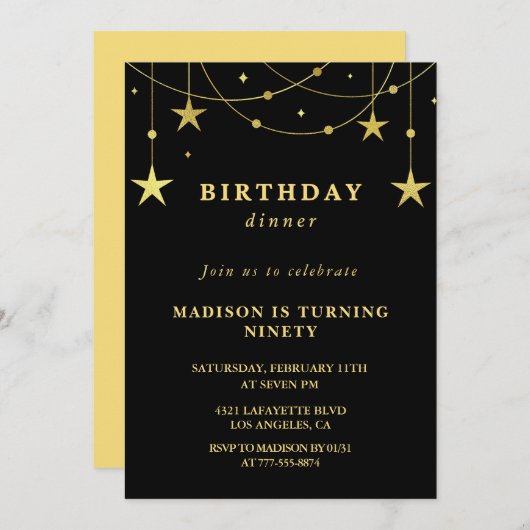 Invitations Black 90e anniversaire Gold Stars (Devant / Derrière)