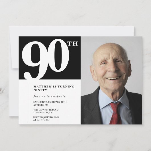Invitations Black 90e anniversaire Modern Chic Pho (Devant)