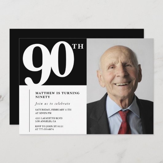 Invitations Black 90e anniversaire Modern Chic Pho (Devant / Derrière)