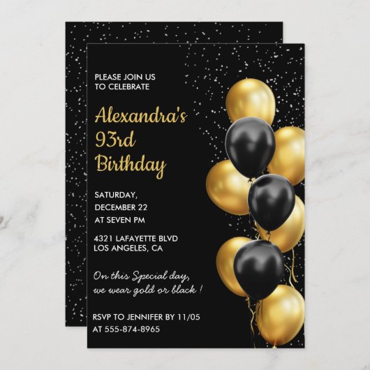 Invitations Black 93e anniversaire Gold Parties sc (Devant / Derrière)