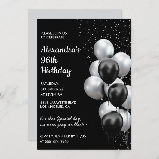 Invitations Black 96e anniversaire Balloons Argent (Devant / Derrière)