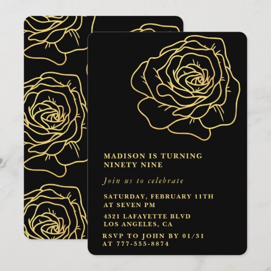 Invitations Black 99e anniversaire Gold Floral (Devant / Derrière)