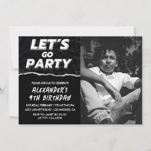 Invitations Black 9e anniversaire Boy Photo