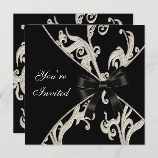Invitations Black and Cream Swirl Party (Devant / Derrière)