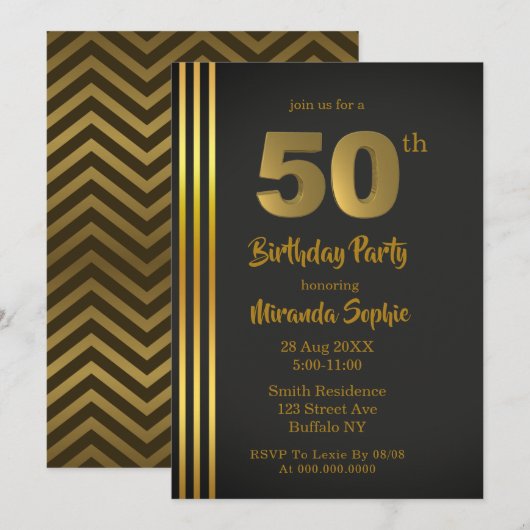 Invitations Black and Gold 50th Birthday (Devant / Derrière)