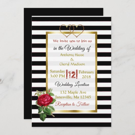 Invitations Black and White Rose Gold Wedding (Devant / Derrière)