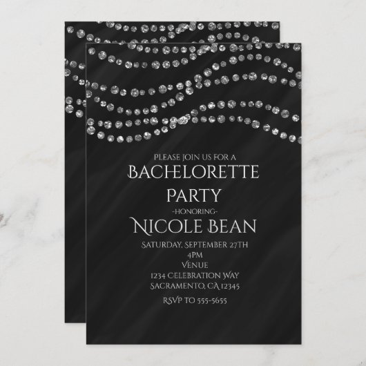 Invitations Black & Diamond Glamor Bling Party (Devant / Derrière)