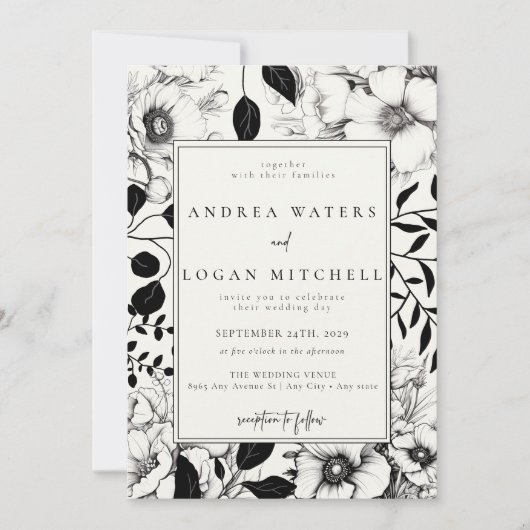 Invitations Black Floral Wedding (Devant)