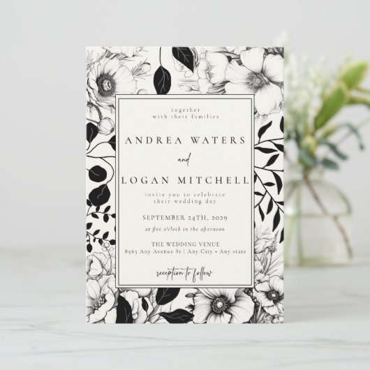 Invitations Black Floral Wedding (Debout devant)