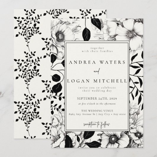 Invitations Black Floral Wedding (Devant / Derrière)