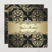 Invitations Black Gold Black Damask Party (Devant / Derrière)