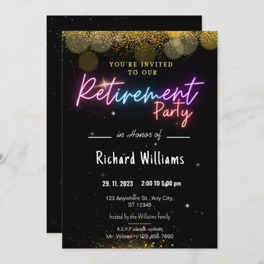 Invitations Black Gold Confetti Retraite Party (Devant / Derrière)