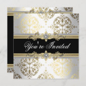Invitations Black Gold Damask Party (Devant / Derrière)