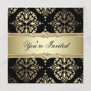 Invitations Black Gold Damask Party