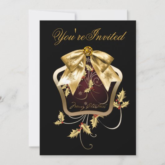 Invitations Black Gold Holly Christmas Party (Devant)