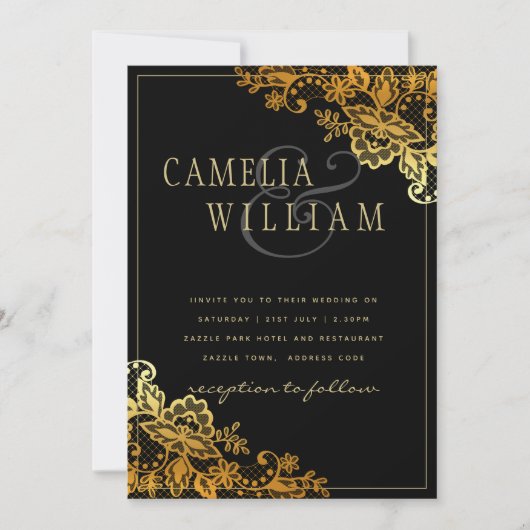 Invitations Black Gold Lace Wedding (Devant)