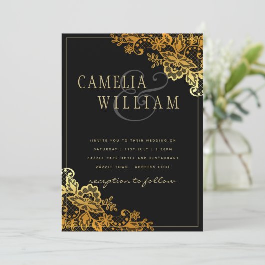 Invitations Black Gold Lace Wedding (Debout devant)