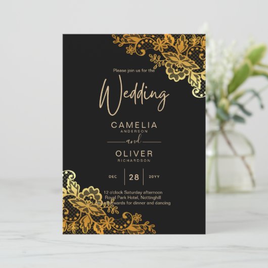 Invitations Black Gold Lace Wedding (Debout devant)