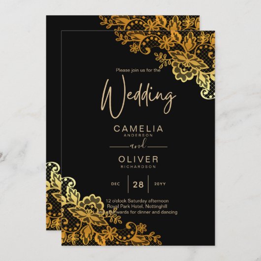 Invitations Black Gold Lace Wedding (Devant / Derrière)