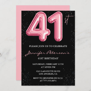 Invitations Black Pink 41e anniversaire Ballons Gl