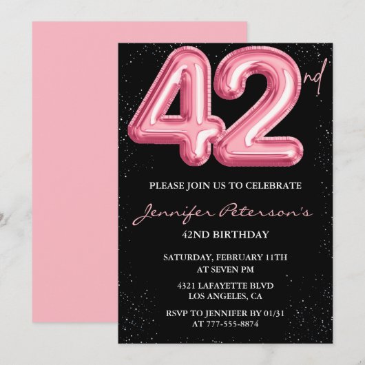 Invitations Black Pink 42e anniversaire Balloon Gl (Devant / Derrière)
