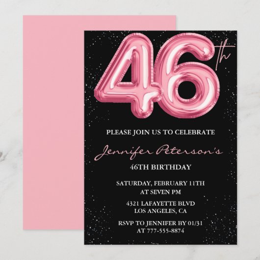 Invitations Black Pink 46e anniversaire Ballons Gl (Devant / Derrière)