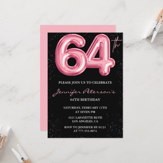 Invitations Black Pink 64e anniversaire Ballons Gl (Devant/Arrière en situation)