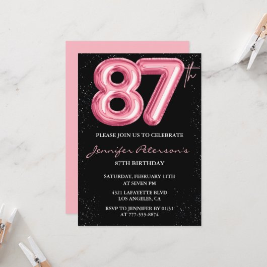 Invitations Black Pink à 87e anniversaire Ballons (Devant/Arrière en situation)