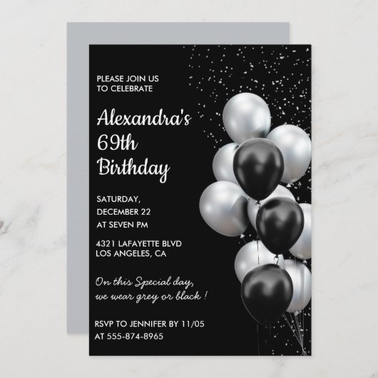 Invitations Black Silver 69e anniversaire Ballons (Devant / Derrière)