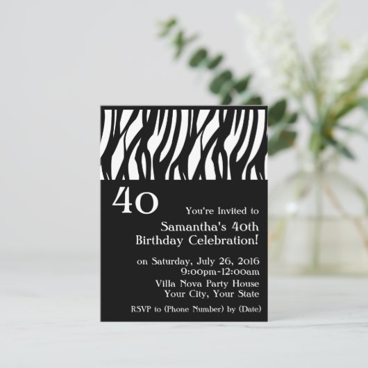 Invitations Black+White Mod Zebra 40e fête (Debout devant)