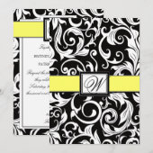 Invitations Black White & Yellow Mariage damassé (Devant / Derrière)