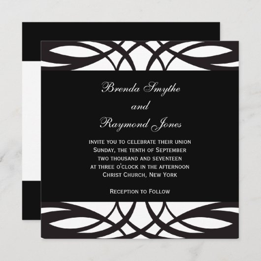 Invitations blanches noires de mariage d'art déco (Devant / Derrière)