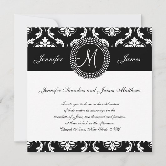 Invitations blanches noires de mariage d'initiale (Dos)