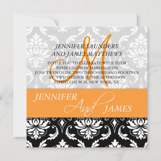 Invitations blanches noires oranges de mariage (Devant)