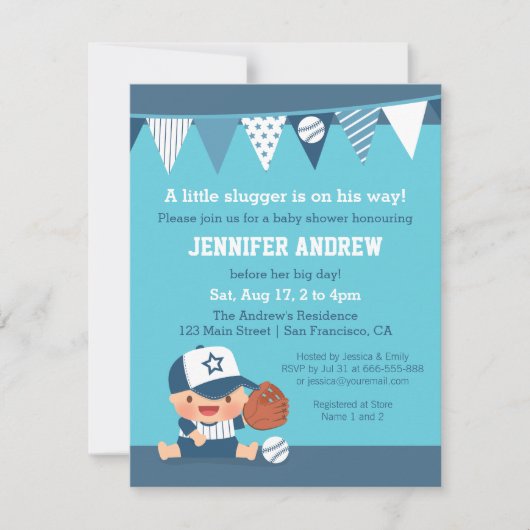 Invitations bleues de baby shower de base-ball de (Devant)