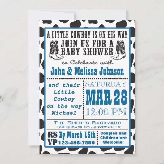 Invitations bleues de baby shower de Cowprint de (Devant)