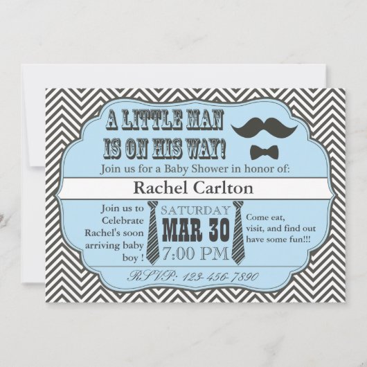 Invitations bleues de baby shower de moustache et (Devant)