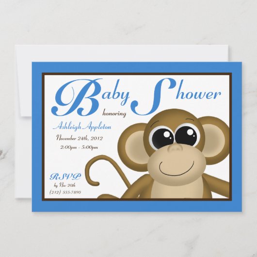 Invitations bleues de baby shower de singe mignon (Devant)