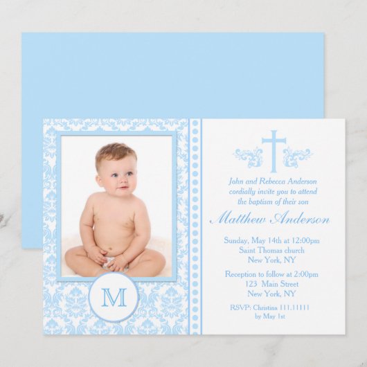 Invitations bleues de baptême de garçon (Devant / Derrière)
