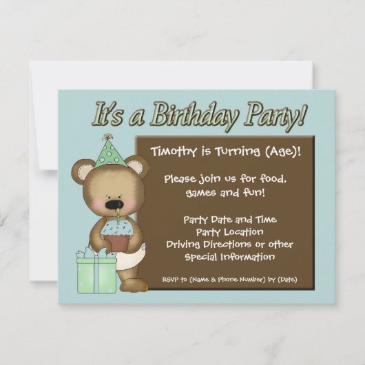 Invitations bleues de fête d'anniversaire d'ours (Devant)