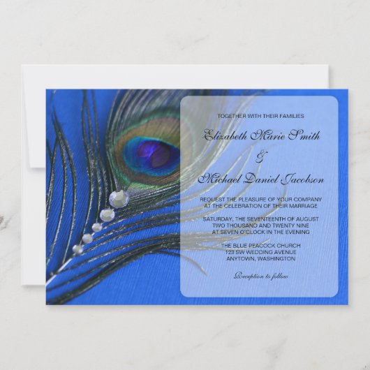 Invitations bleues de mariage de plume de paon de (Devant)