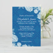 Invitations bleues élégantes de mariage damassé (Debout devant)