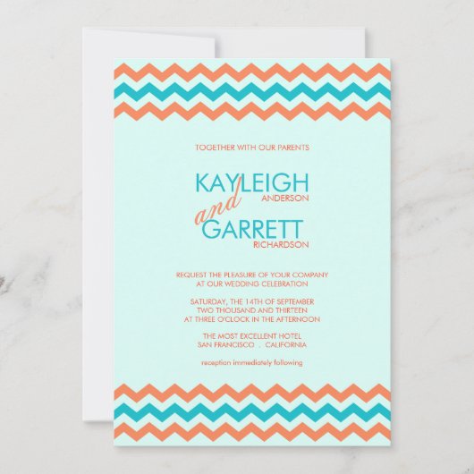 Invitations bleues et de corail d'Aqua de Chevron (Devant)