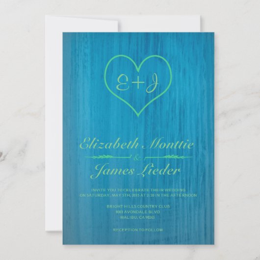 Invitations bleues et vertes de mariage campagnard (Devant)