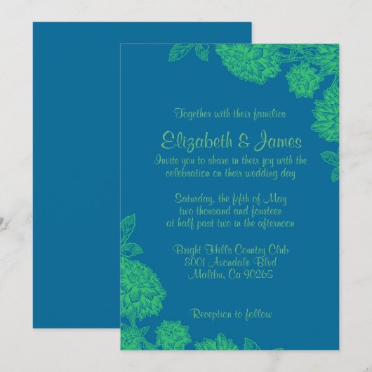 Invitations bleues et vertes élégantes de mariage (Devant / Derrière)