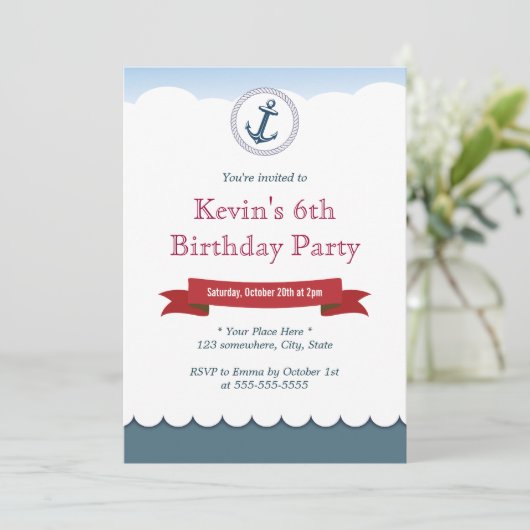 Invitations bleues nautiques d'anniversaire (Debout devant)