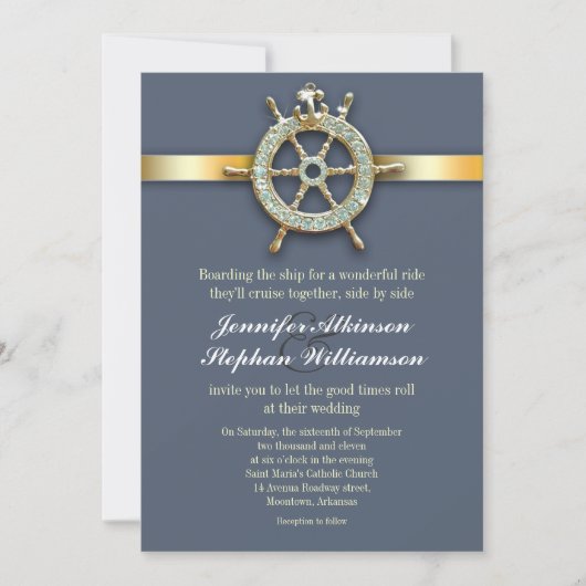 invitations bleues nautiques de mariage d'or (Devant)